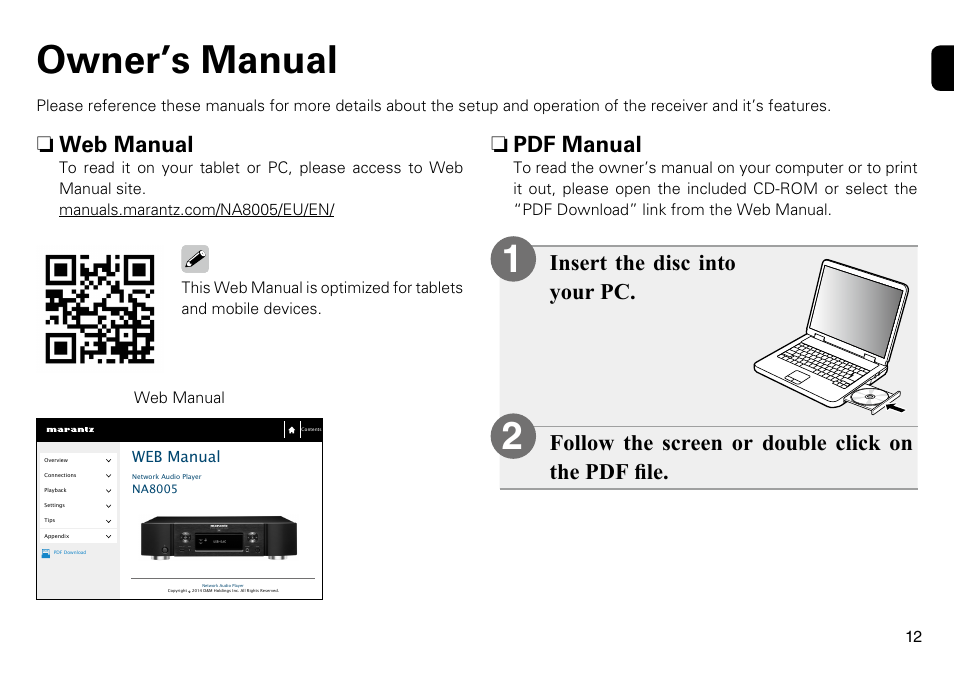 Owner’s manual, N pdf manual, N web manual | Marantz NA8005 Quick Start User Manual | Page 13 / 14