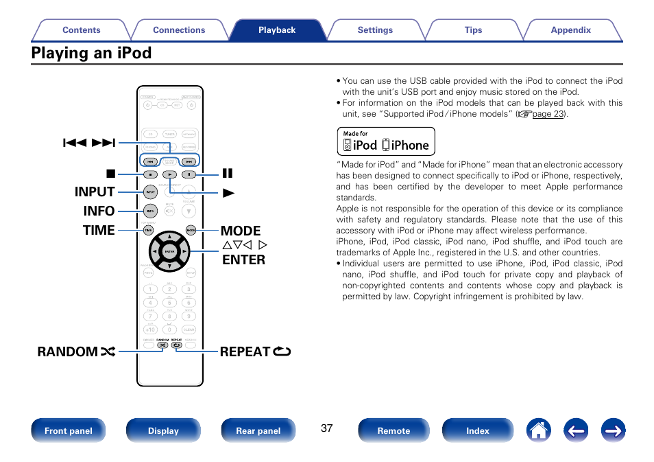 Playing an ipod, Enter mode info input time, 13 random repeat | Marantz SA8005 User Manual | Page 37 / 79