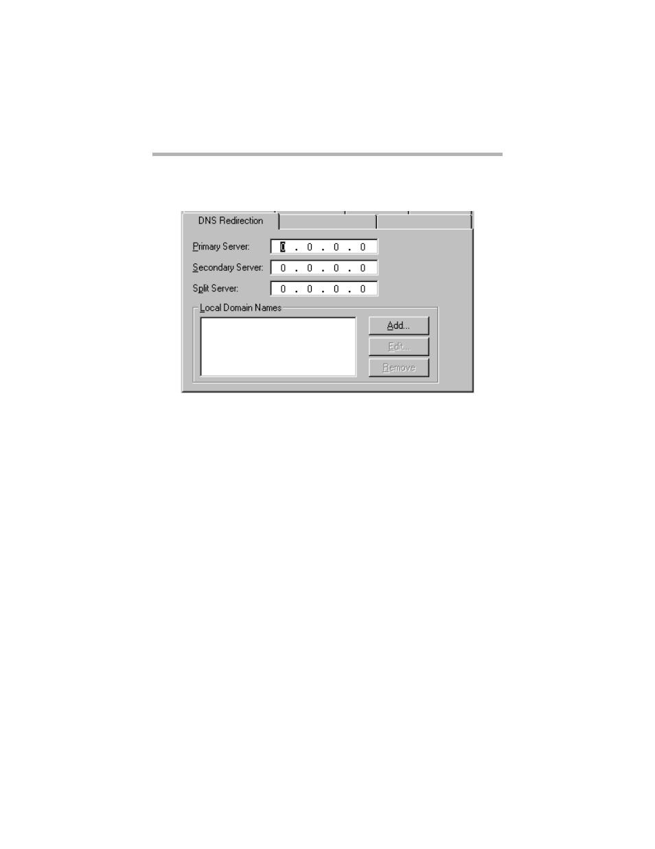 Vpn group configuration dns redirection tab, Primary server, Secondary server | Split server, Local domain names | Compatible Systems 5.4 User Manual | Page 129 / 313