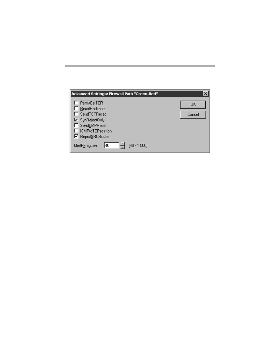 Advanced settings: firewall path dialog box, Advanced options, Permitesttcp | Resetredirects, Sendtcpreset | Compatible Systems 5.4 User Manual | Page 140 / 313