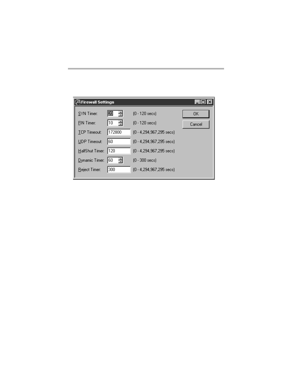 Firewall settings dialog box, Syn timer, Fin timer | Irewall, Ettings, Ialog | Compatible Systems 5.4 User Manual | Page 152 / 313