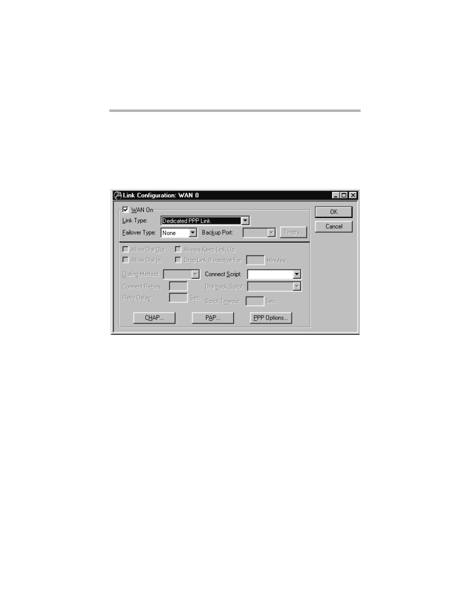 Chapter 10 - wan link protocols, Link configuration: wan dialog box, Wan on | Chapter 10 - wan link protocols 155, Onfiguration, Wan d, Ialog | Compatible Systems 5.4 User Manual | Page 161 / 313