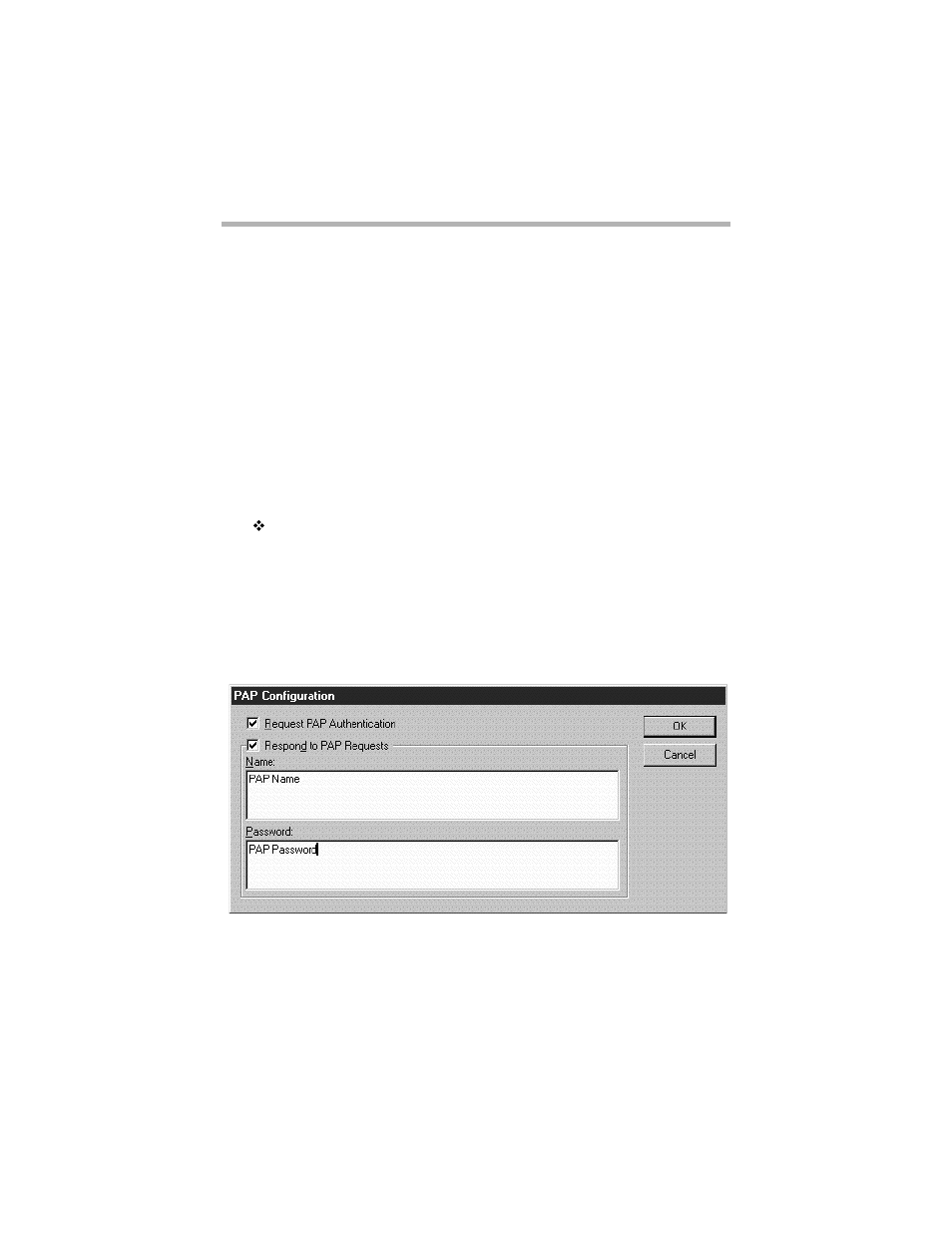 Name, Secret, Pap configuration dialog box | Pap c, Onfiguration, Ialog | Compatible Systems 5.4 User Manual | Page 174 / 313