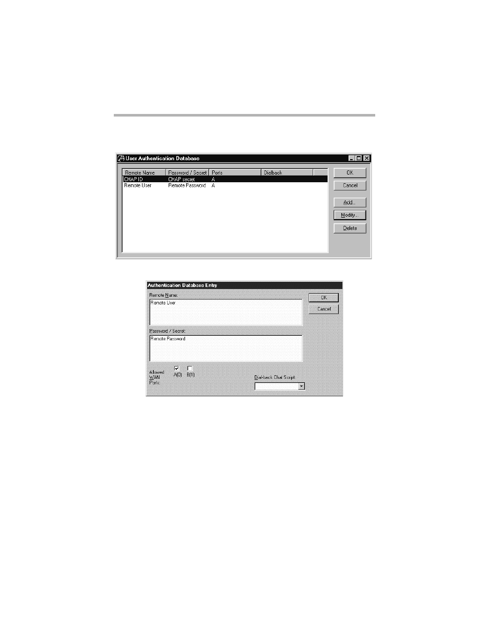 User authentication database dialog box | Compatible Systems 5.4 User Manual | Page 187 / 313