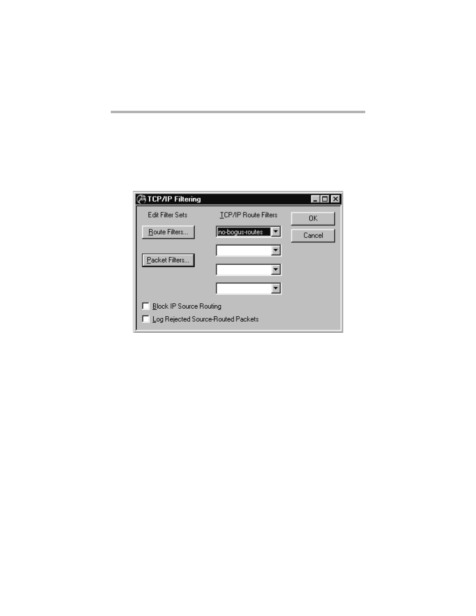 Chapter 11 - tcp/ip filtering, Main tcp/ip filtering dialog box, Route filters button | Packet filters button, Tcp/ip route filters, Chapter 11 - tcp/ip filtering 183, Tcp/ip f, Iltering, Ialog | Compatible Systems 5.4 User Manual | Page 189 / 313