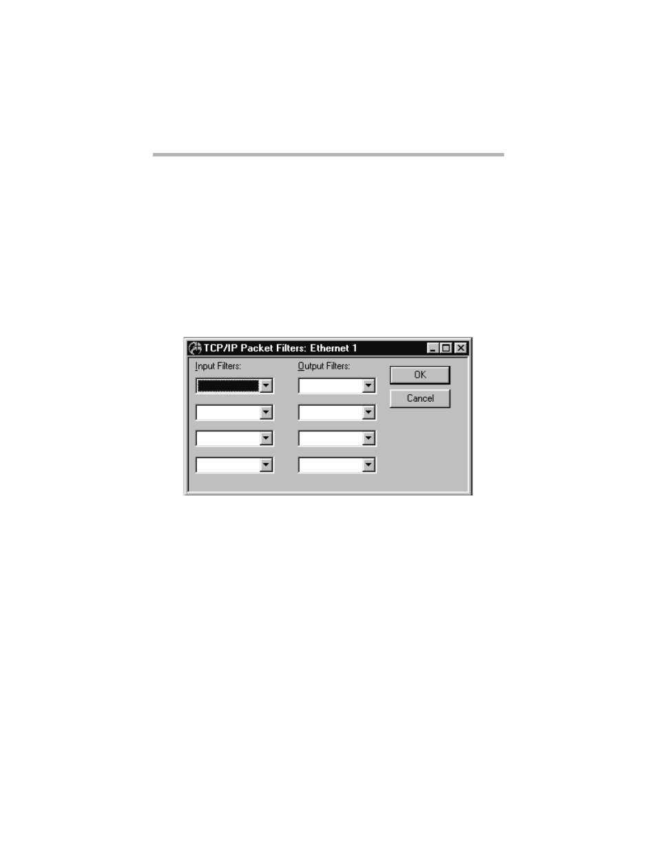 Tcp/ip packet filtering: ethernet dialog box, Tcp/ip packet filtering: wan dialog box, Tcp/ip packet filtering: vpn dialog box | Tcp/ip packet filtering: bridge dialog box, Input filters, Output filters, Tcp/ip p, Acket, Iltering, Thernet | Compatible Systems 5.4 User Manual | Page 202 / 313