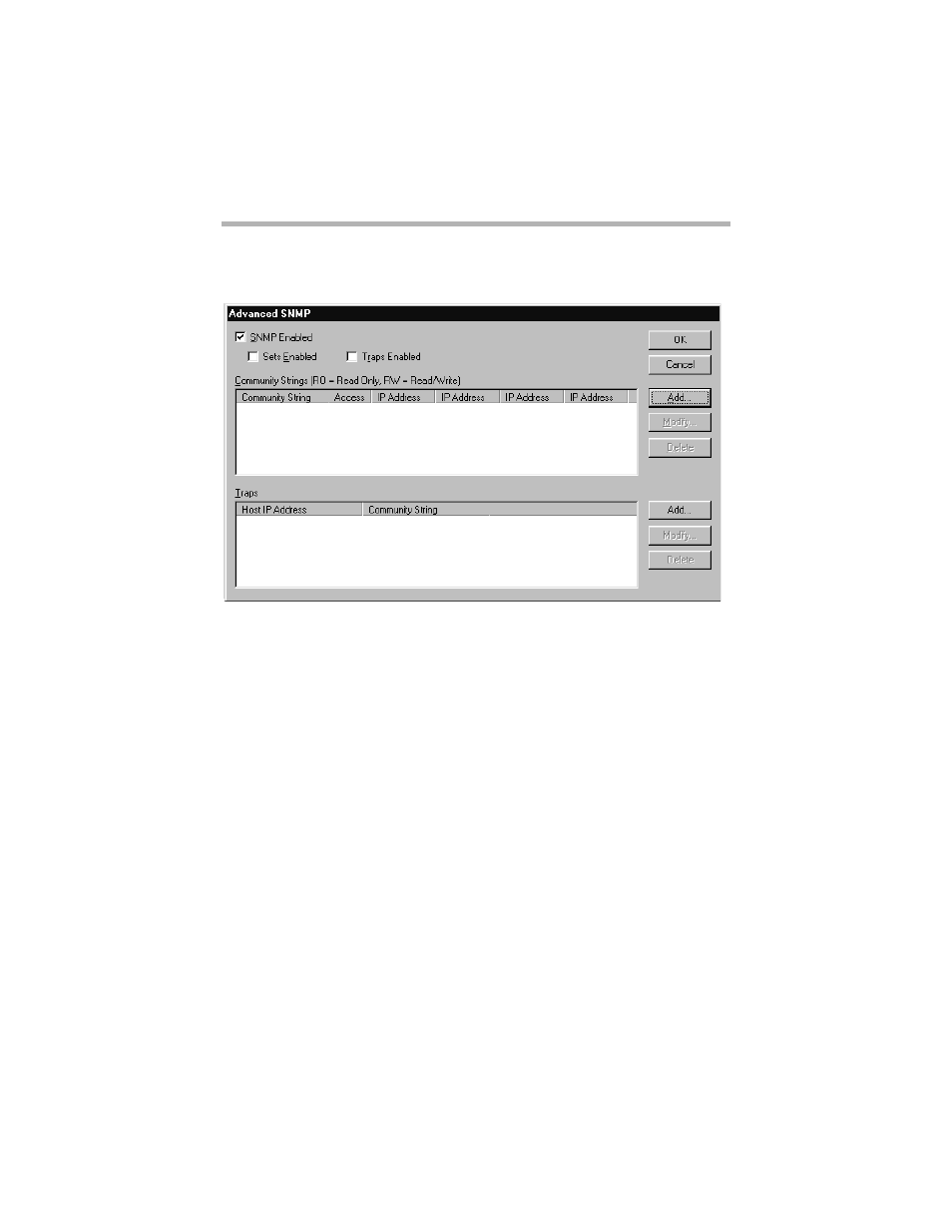 Advanced snmp configuration dialog box, Snmp enabled, Sets enabled | Traps enabled | Compatible Systems 5.4 User Manual | Page 235 / 313