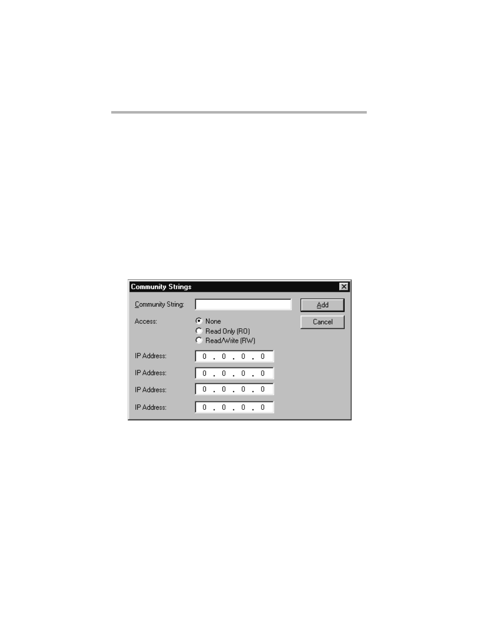 Snmp community strings configuration dialog box, Community string | Compatible Systems 5.4 User Manual | Page 236 / 313