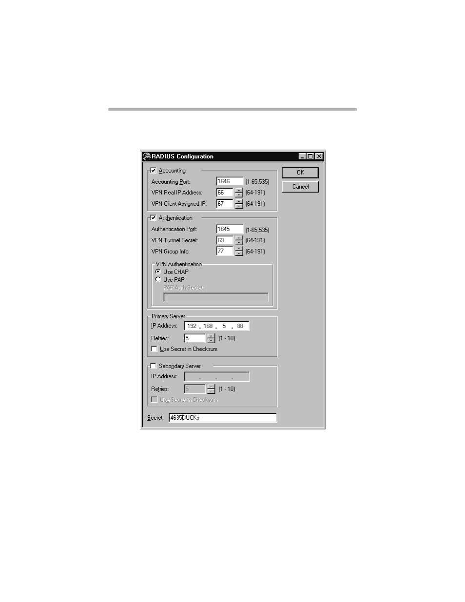 Radius configuration dialog box, Radius c, Onfiguration | Ialog | Compatible Systems 5.4 User Manual | Page 241 / 313