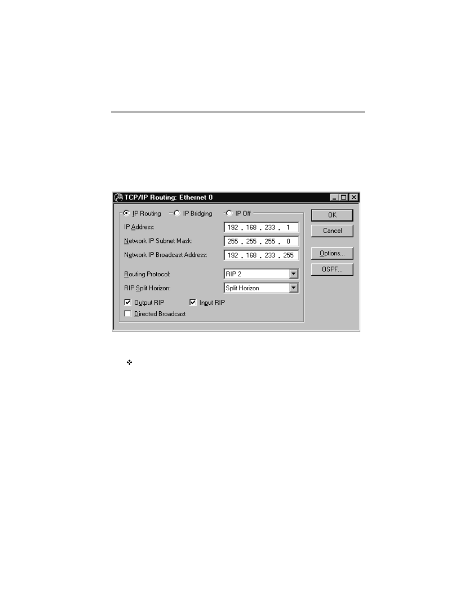 Chapter 2 - ip routing & bridging, Tcp/ip routing: ethernet dialog box, Ip routing/bridging/off | Chapter 2 - ip routing & bridging 21, Tcp/ip r, Outing, Thernet, Ialog | Compatible Systems 5.4 User Manual | Page 27 / 313