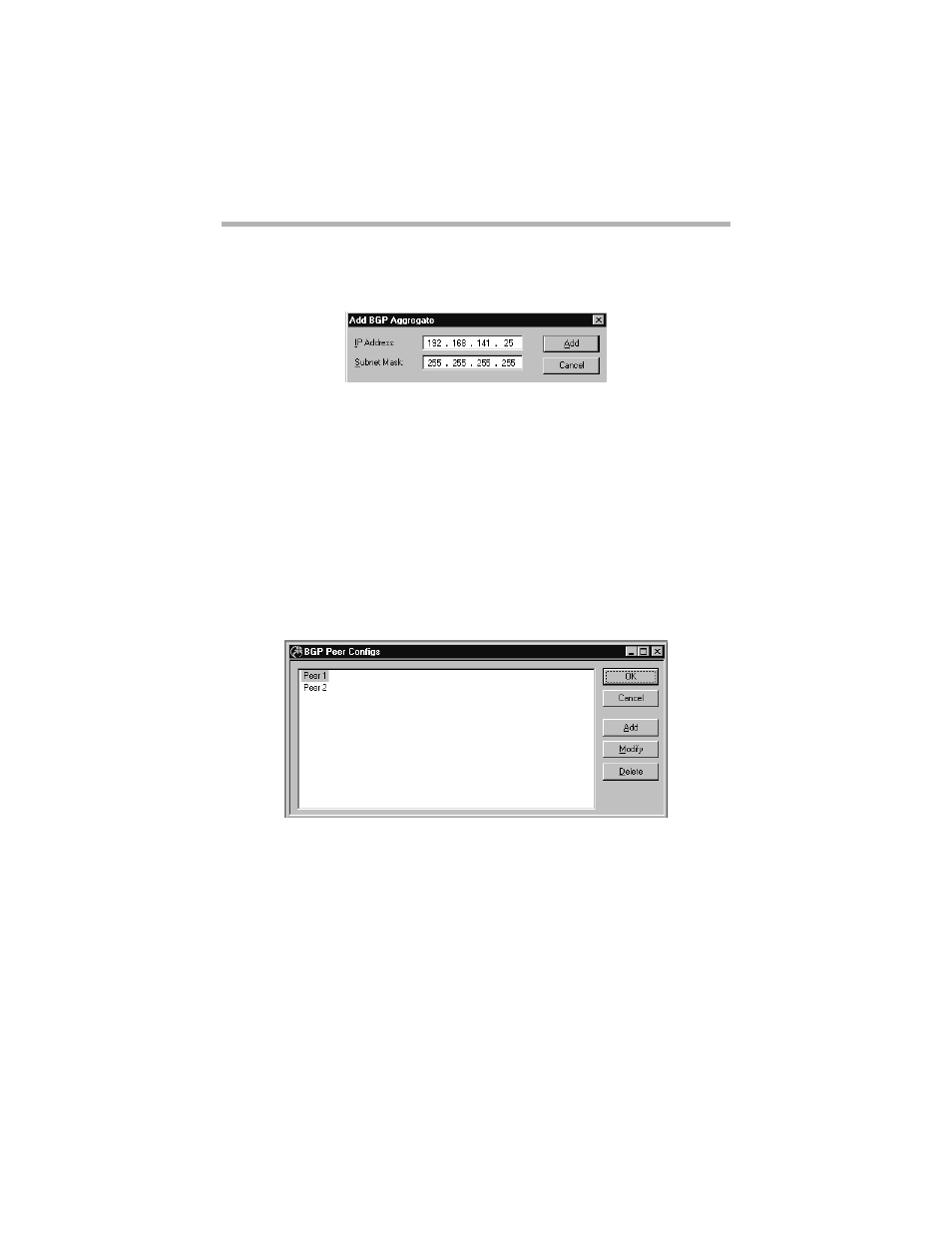 Ip address, Subnet mask, Bgp peer configs dialog box | Bgp p, Onfigs, Ialog | Compatible Systems 5.4 User Manual | Page 271 / 313