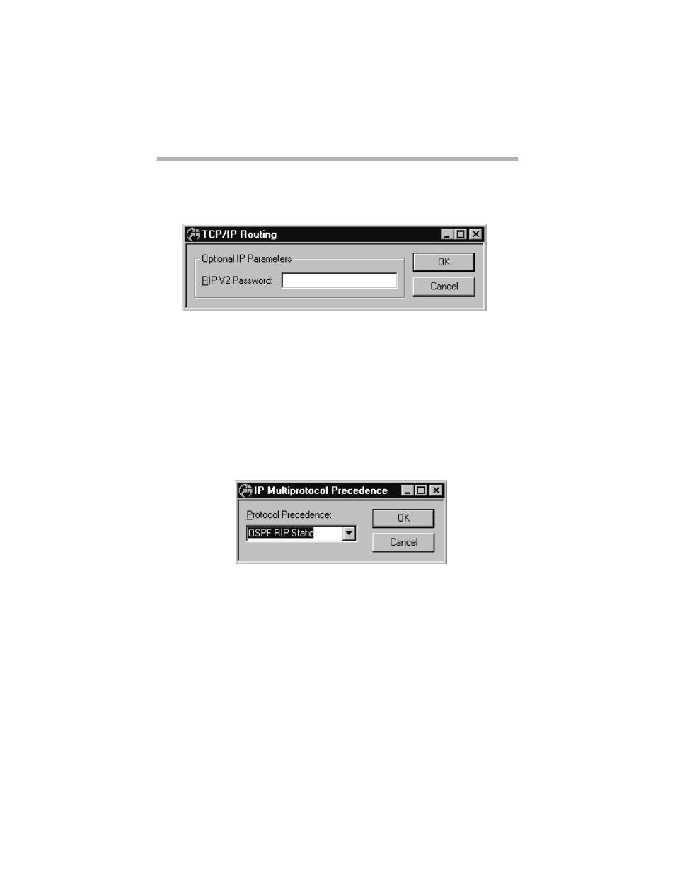 Tcp/ip routing options, Rip v2 password, Ip multiprotocol precedence dialog box | Protocol precedence, Tcp/ip r, Outing, Ptions, Ip m, Ultiprotocol, Recedence | Compatible Systems 5.4 User Manual | Page 58 / 313