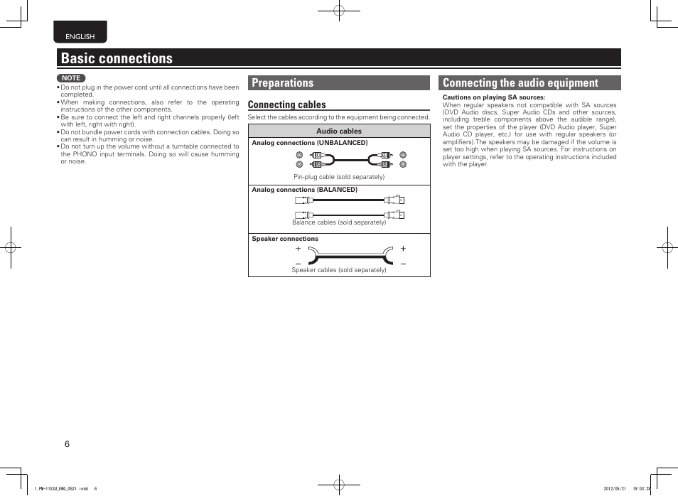 Basic connections, Preparations, Connecting the audio equipment | Connecting cables | Marantz PM-11S3 User Manual | Page 10 / 30