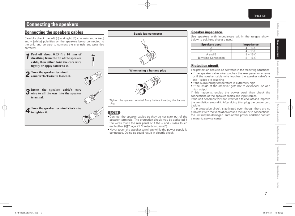 Connecting the speakers, Connecting the speakers cables | Marantz PM-11S3 User Manual | Page 11 / 30