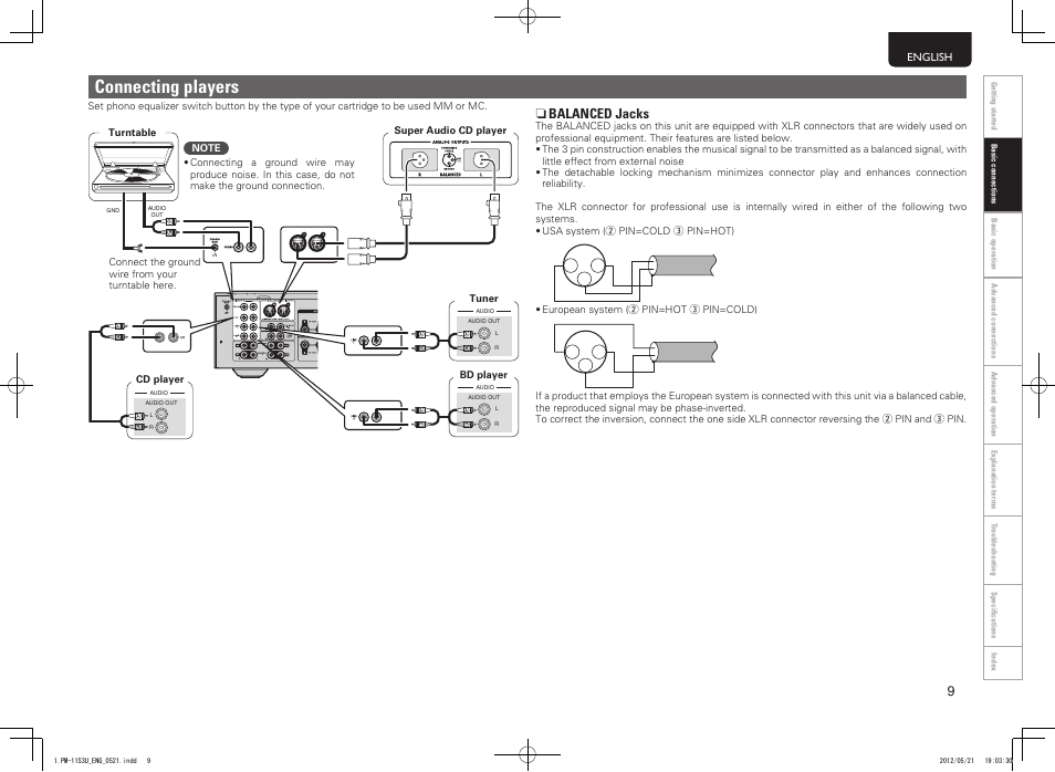 Connecting players, N balanced jacks | Marantz PM-11S3 User Manual | Page 13 / 30