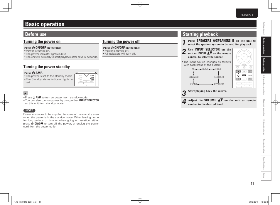 Basic operation, Before use, Starting playback | Turning the power on, Turning the power standby, Turning the power off | Marantz PM-11S3 User Manual | Page 15 / 30