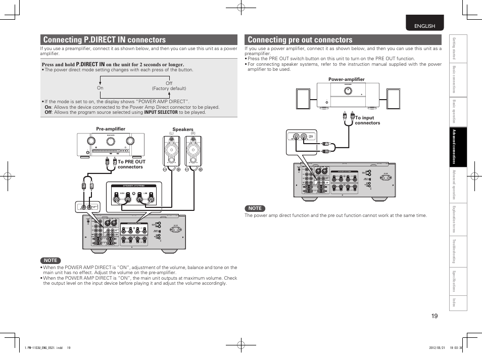 Connecting p.direct in connectors, Connecting pre out connectors | Marantz PM-11S3 User Manual | Page 23 / 30