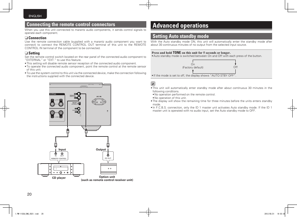 Advanced operations, Setting auto standby mode, Connecting the remote control connectors | Marantz PM-11S3 User Manual | Page 24 / 30