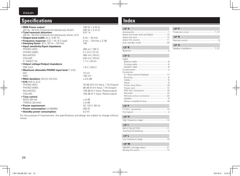 Index, Specifications | Marantz PM-11S3 User Manual | Page 28 / 30