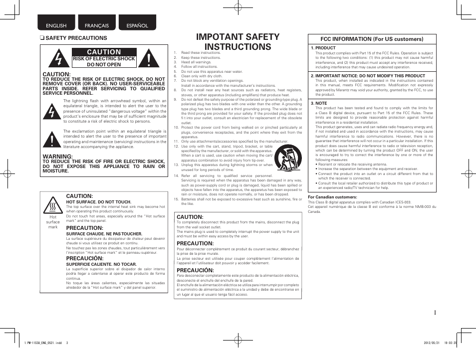 Impotant safety instructions, Caution | Marantz PM-11S3 User Manual | Page 3 / 30