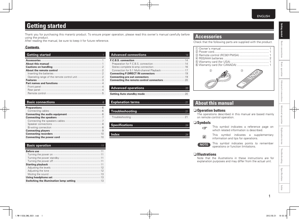 Getting started, Accessories, About this manual | Marantz PM-11S3 User Manual | Page 5 / 30