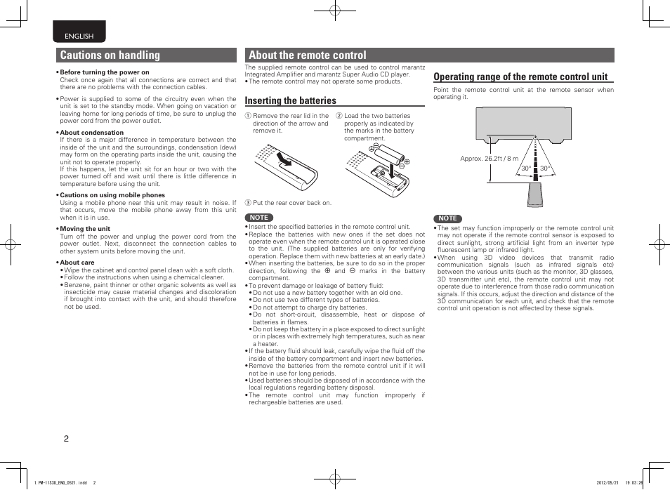 About the remote control, Cautions on handling, Inserting the batteries | Operating range of the remote control unit | Marantz PM-11S3 User Manual | Page 6 / 30