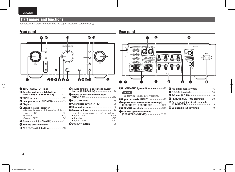 Part names and functions, Front panel x on/off phones, Standby | Marantz PM-11S3 User Manual | Page 8 / 30