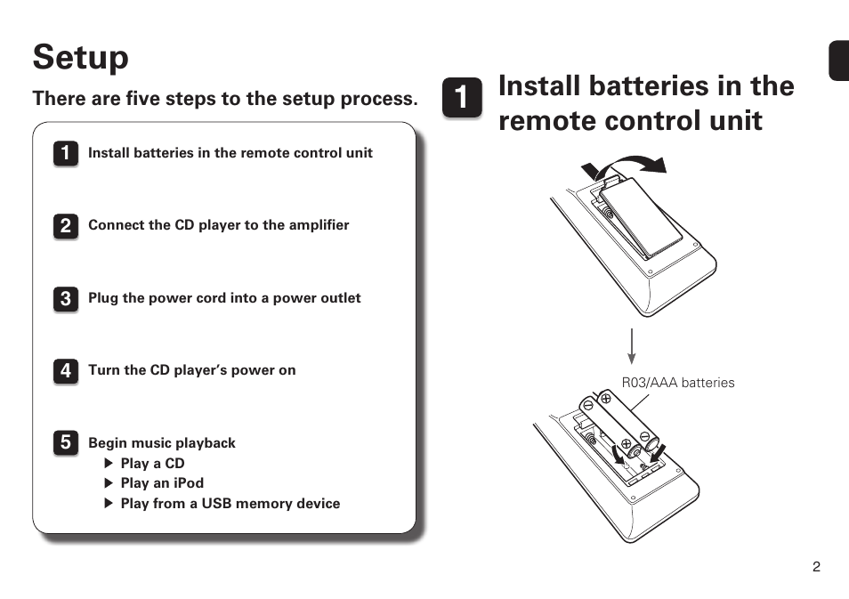 Setup, Install batteries in the remote control unit | Marantz CD6005N Quick Start User Manual | Page 3 / 10