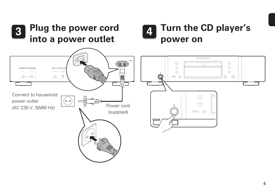 Plug the power cord into a power outlet, Turn the cd player’s power on | Marantz CD6005N Quick Start User Manual | Page 5 / 10
