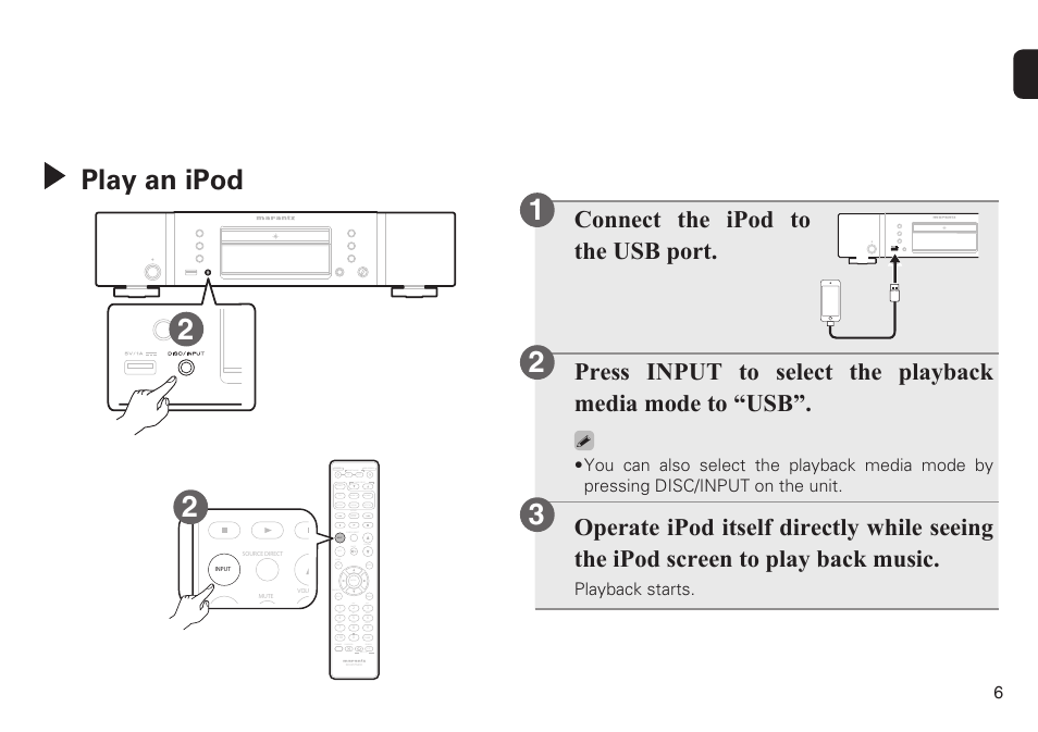 Play an ipod | Marantz CD6005N Quick Start User Manual | Page 7 / 10