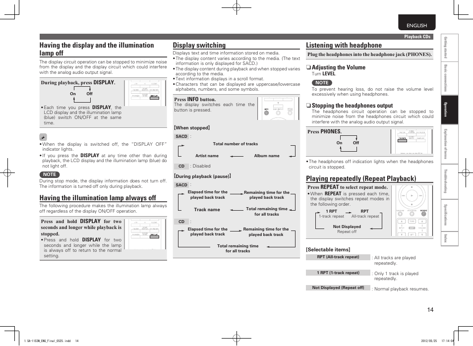 Having the display and the illumination lamp off, Having the illumination lamp always off, Display switching | Listening with headphone, Playing repeatedly (repeat playback) | Marantz SA11S3N User Manual | Page 21 / 38