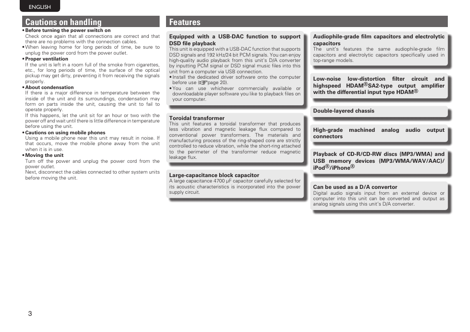 Cautions on handling, Features | Marantz SA-14S1N User Manual | Page 10 / 43