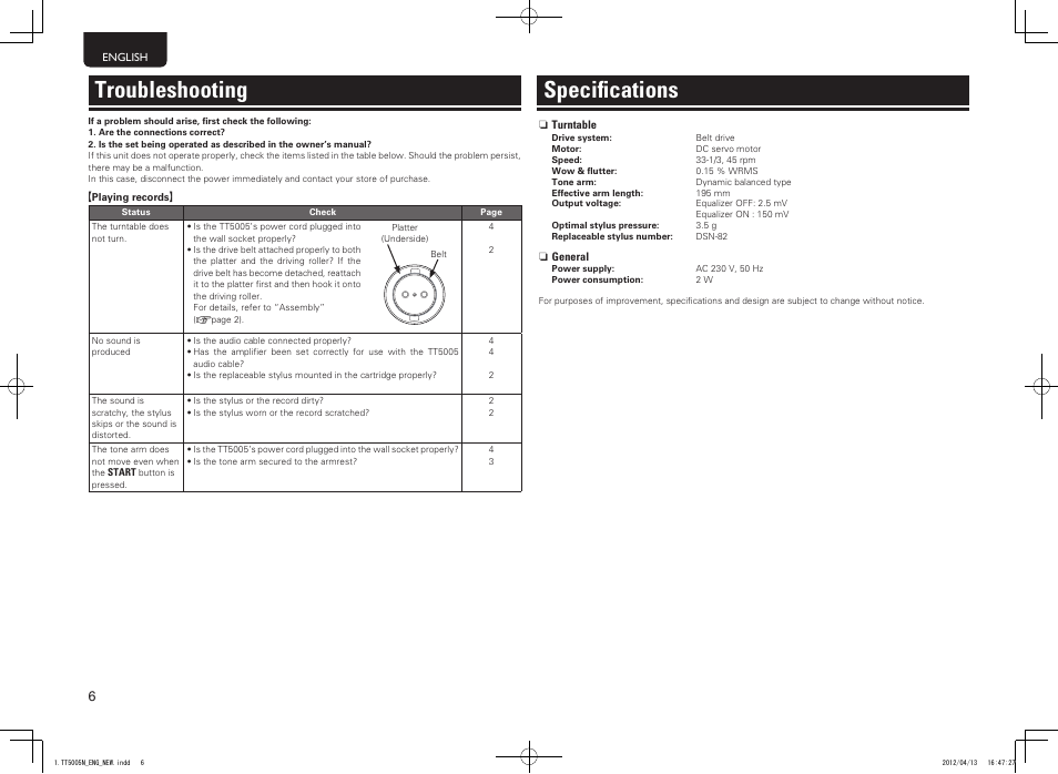 Troubleshooting specifications | Marantz TT5005N User Manual | Page 10 / 12