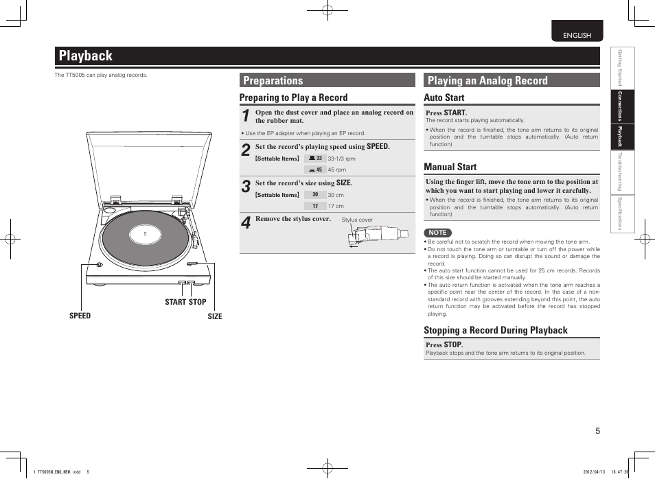 Playback, Preparations, Playing an analog record | Preparing to play a record, Auto start, Manual start, Stopping a record during playback | Marantz TT5005N User Manual | Page 9 / 12