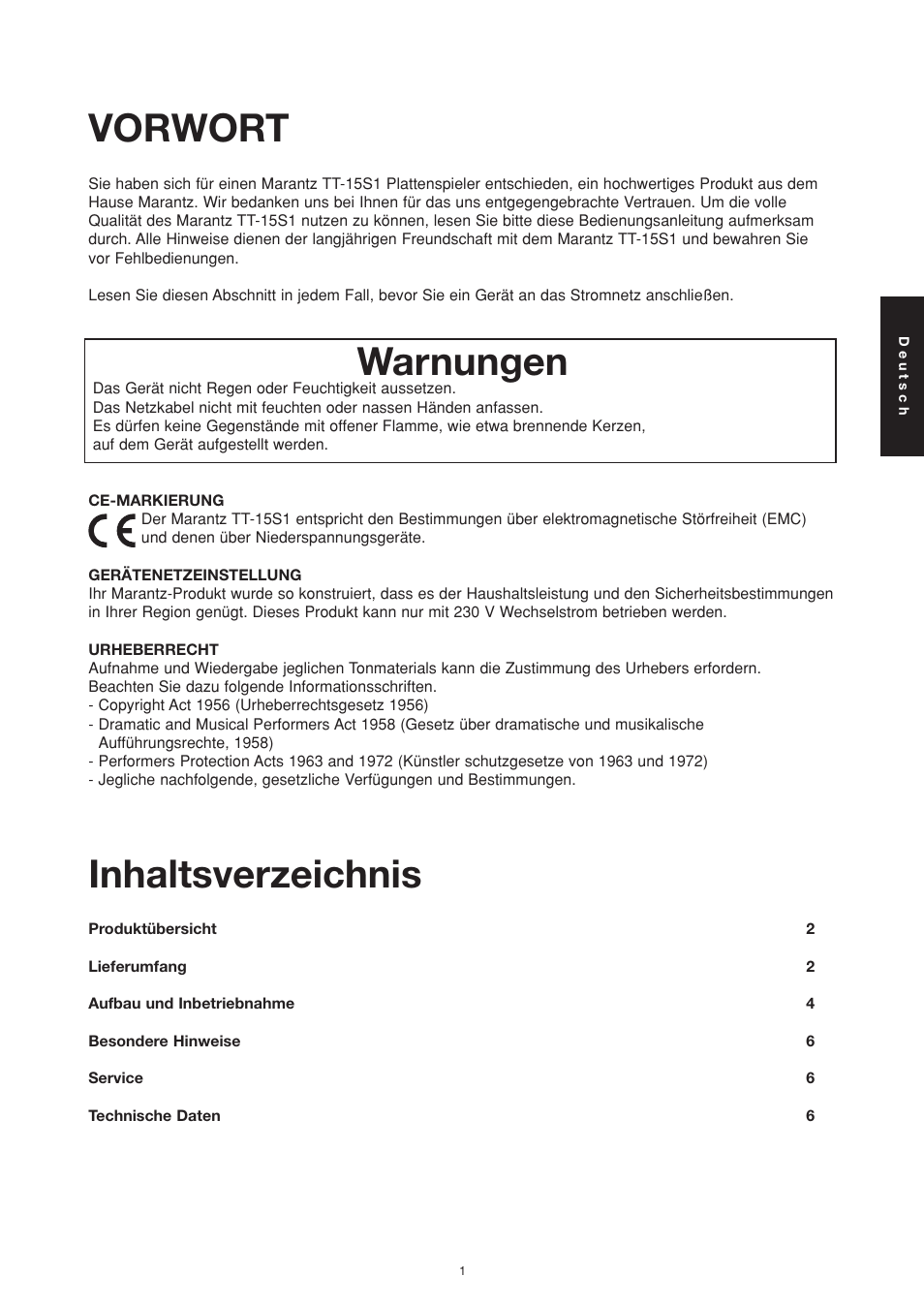 Warnungen, Vorwort inhaltsverzeichnis | Marantz TT15S1N User Manual | Page 9 / 39