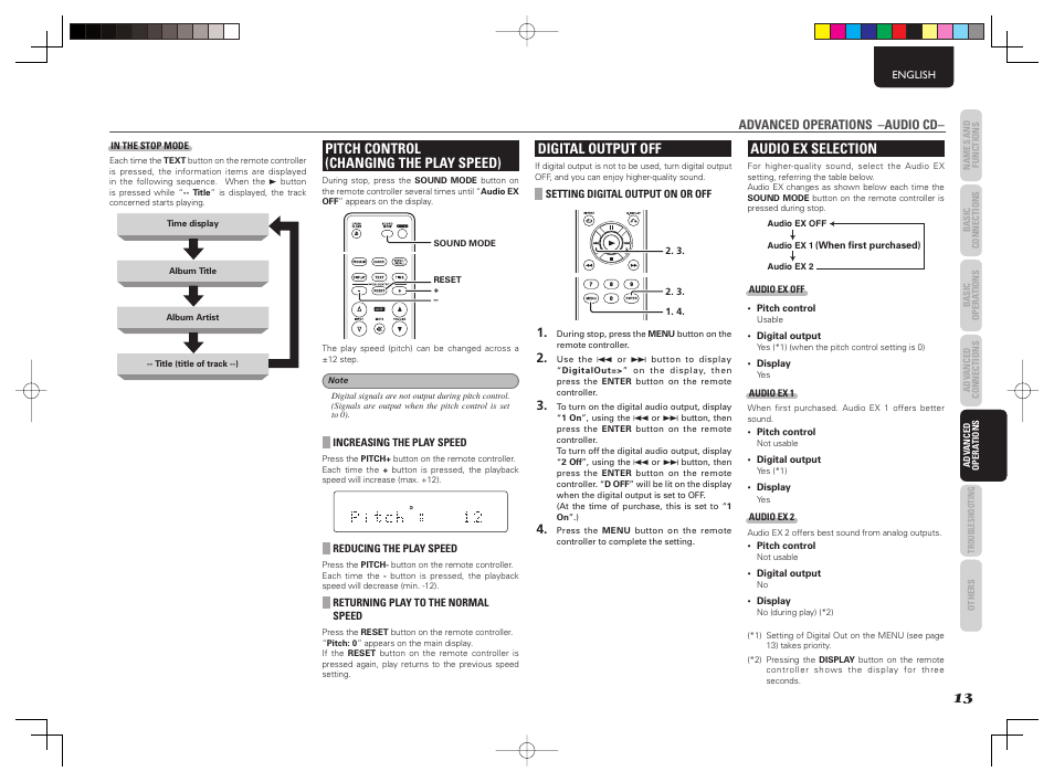 Pitch control (changing the play speed), Digital output off, Audio ex selection | Marantz CD6003 User Manual | Page 19 / 33