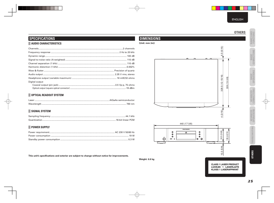 Specifications, Dimensions | Marantz CD6003 User Manual | Page 31 / 33