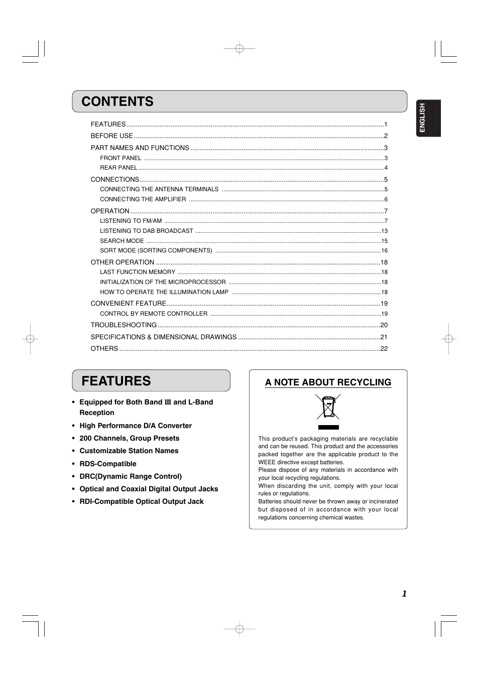 Contents features | Marantz ST-15S1 User Manual | Page 4 / 26