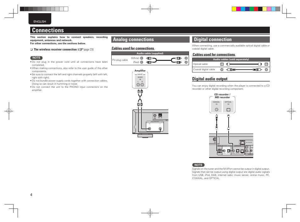 Connections, Analog connections, Digital connection | Digital audio output, Cables used for connections | Marantz NA7004 User Manual | Page 10 / 46