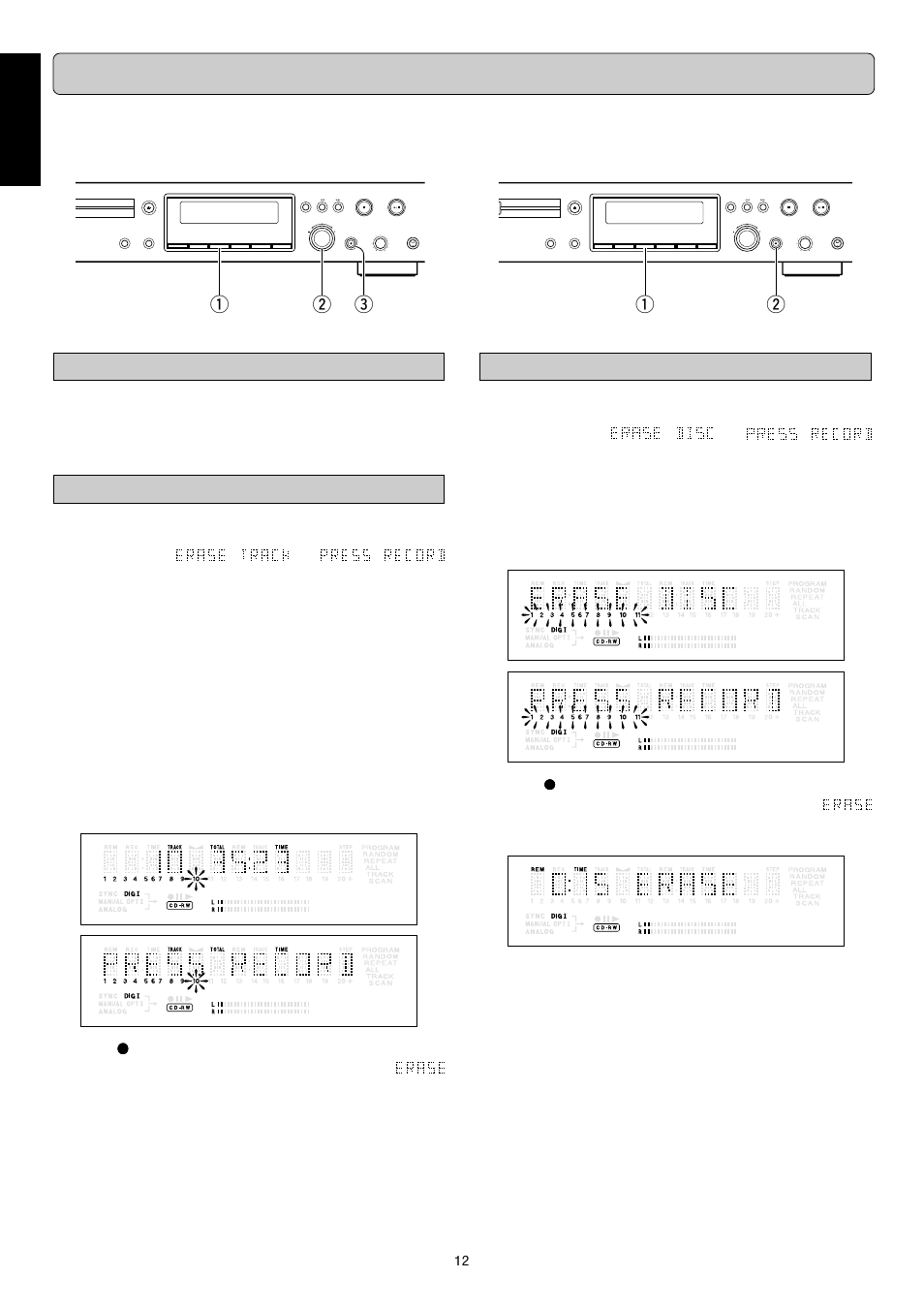 Erasing, English, Qw e erasing | Erasing one or more tracks from the end, Erasing the entire disc | Marantz DR6000N User Manual | Page 15 / 26