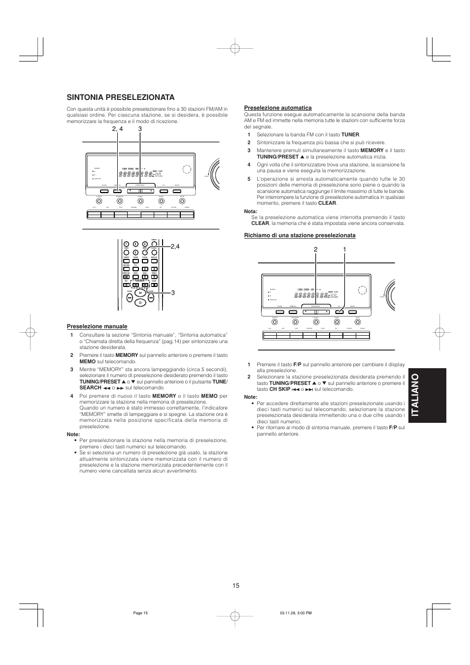 Italiano, Sintonia preselezionata, Preselezione manuale | Preselezione automatica, Richiamo di una stazione preselezionata | Marantz SR4320N User Manual | Page 111 / 172