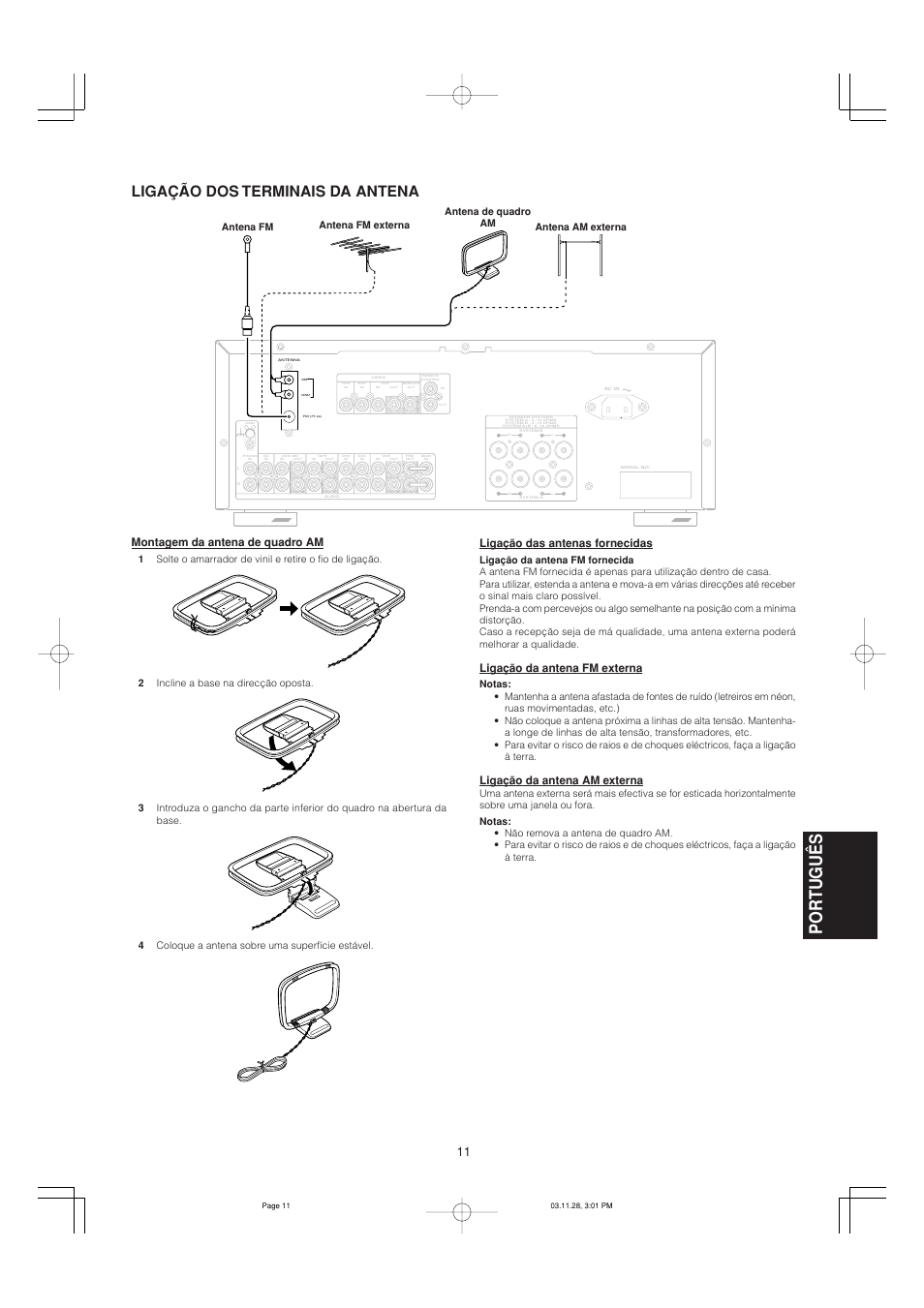 Portugu ê s, Ligação dos terminais da antena, Montagem da antena de quadro am | Ligação das antenas fornecidas, Ligação da antena fm externa, Ligação da antena am externa | Marantz SR4320N User Manual | Page 125 / 172