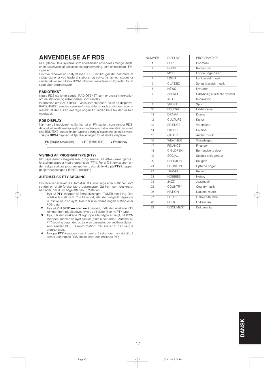 Anvendelse af rds, Dansk | Marantz SR4320N User Manual | Page 167 / 172