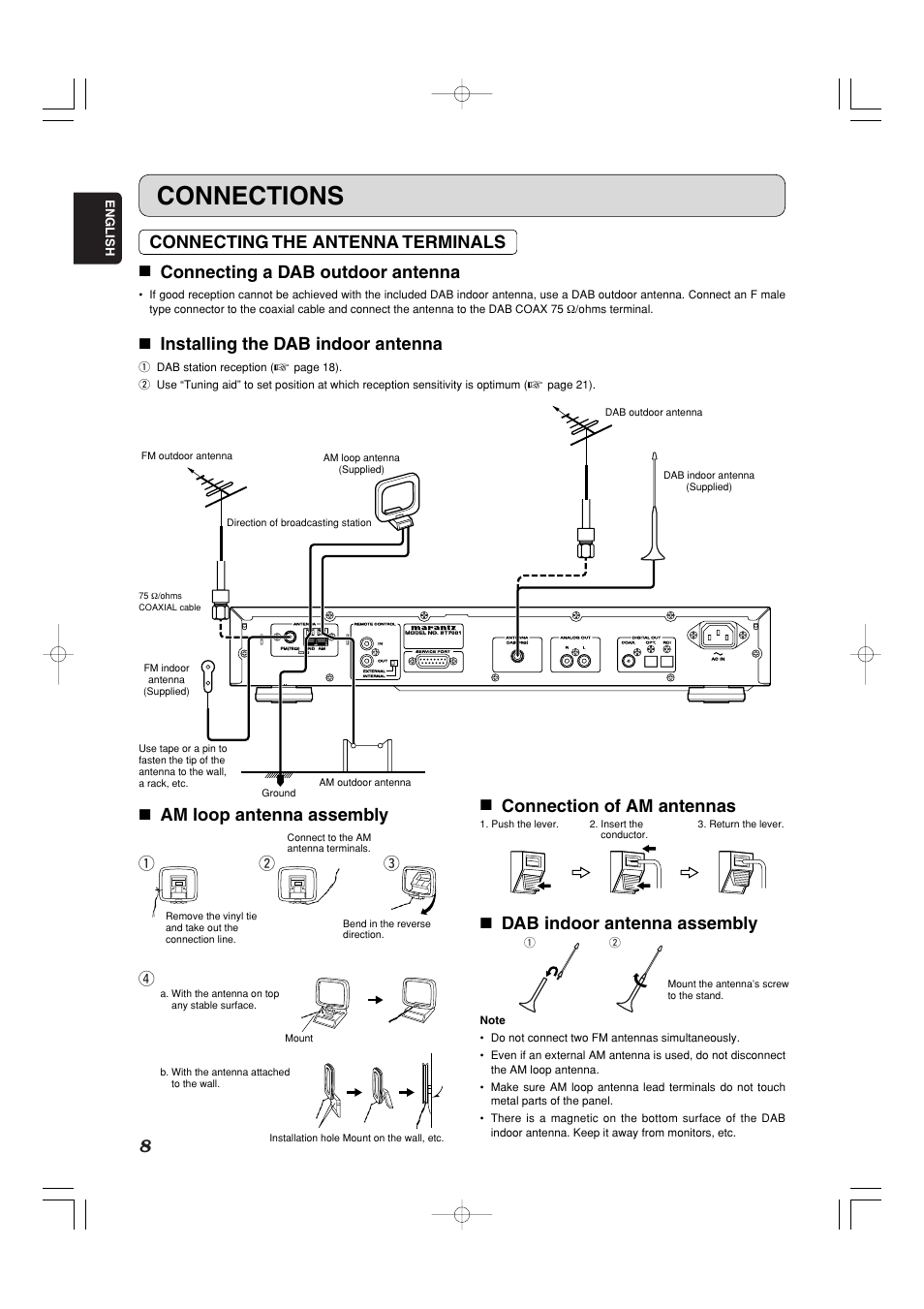 Connections, 7 installing the dab indoor antenna, Qr w e | English | Marantz ST7001N User Manual | Page 12 / 35