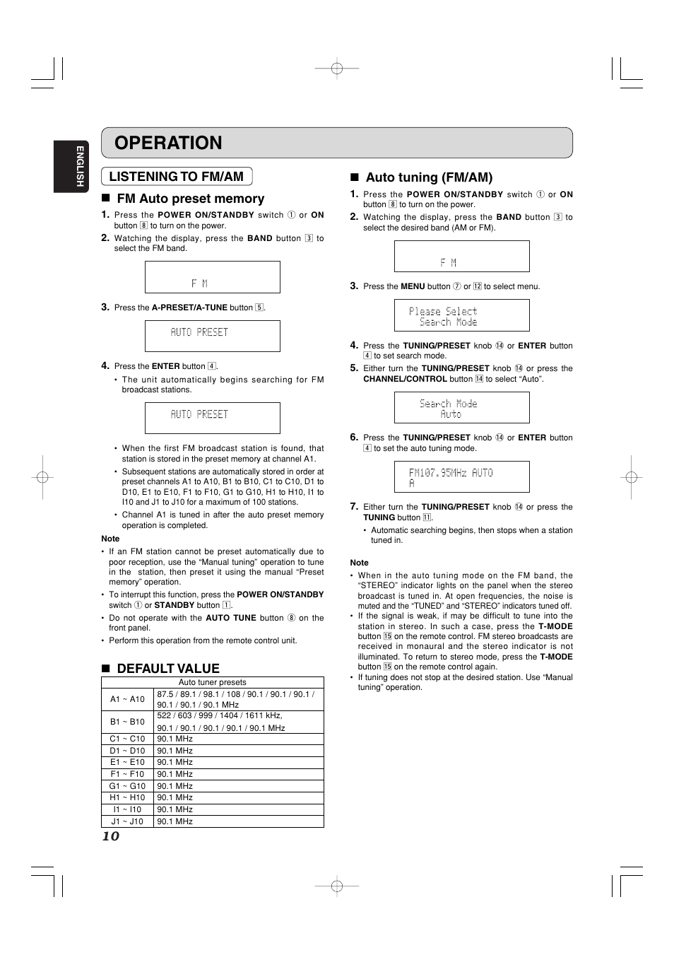 Operation, 7 auto tuning (fm/am), 7 default value | Marantz ST7001N User Manual | Page 14 / 35