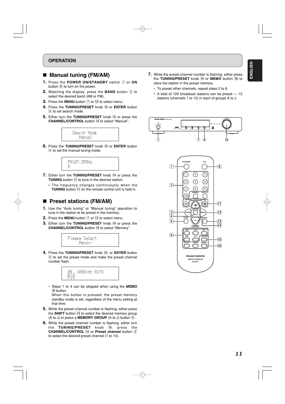 7 manual tuning (fm/am), 7 preset stations (fm/am), Operation | Marantz ST7001N User Manual | Page 15 / 35