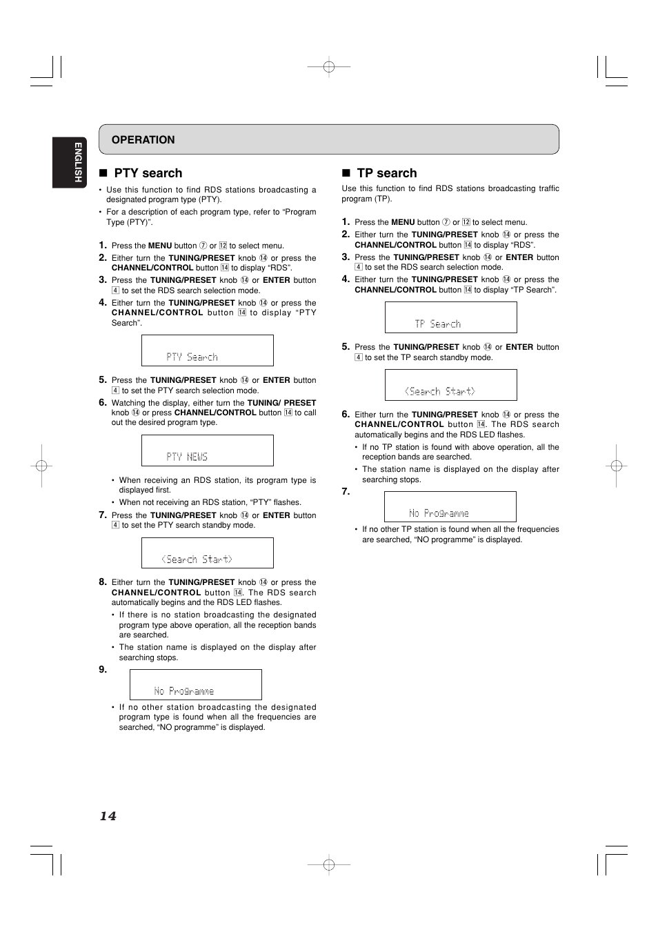 7 tp search, 7 pty search, Operation | Marantz ST7001N User Manual | Page 18 / 35
