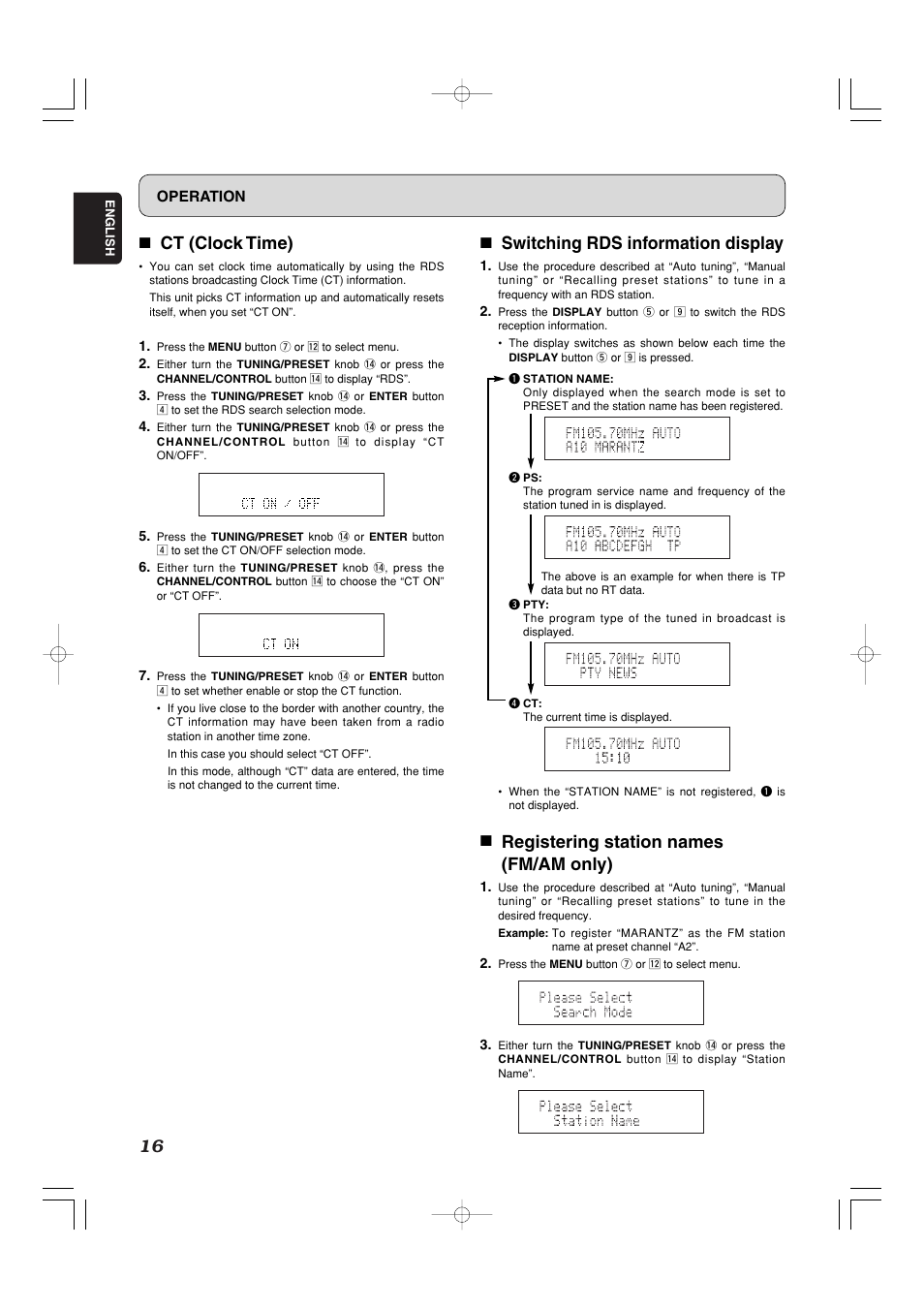 7 switching rds information display, 7 registering station names (fm/am only), 7 ct (clock time) | Operation | Marantz ST7001N User Manual | Page 20 / 35