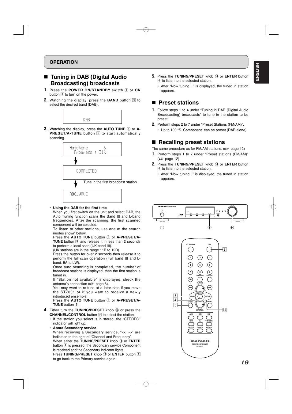 7 preset stations, 7 recalling preset stations, Operation | Marantz ST7001N User Manual | Page 23 / 35