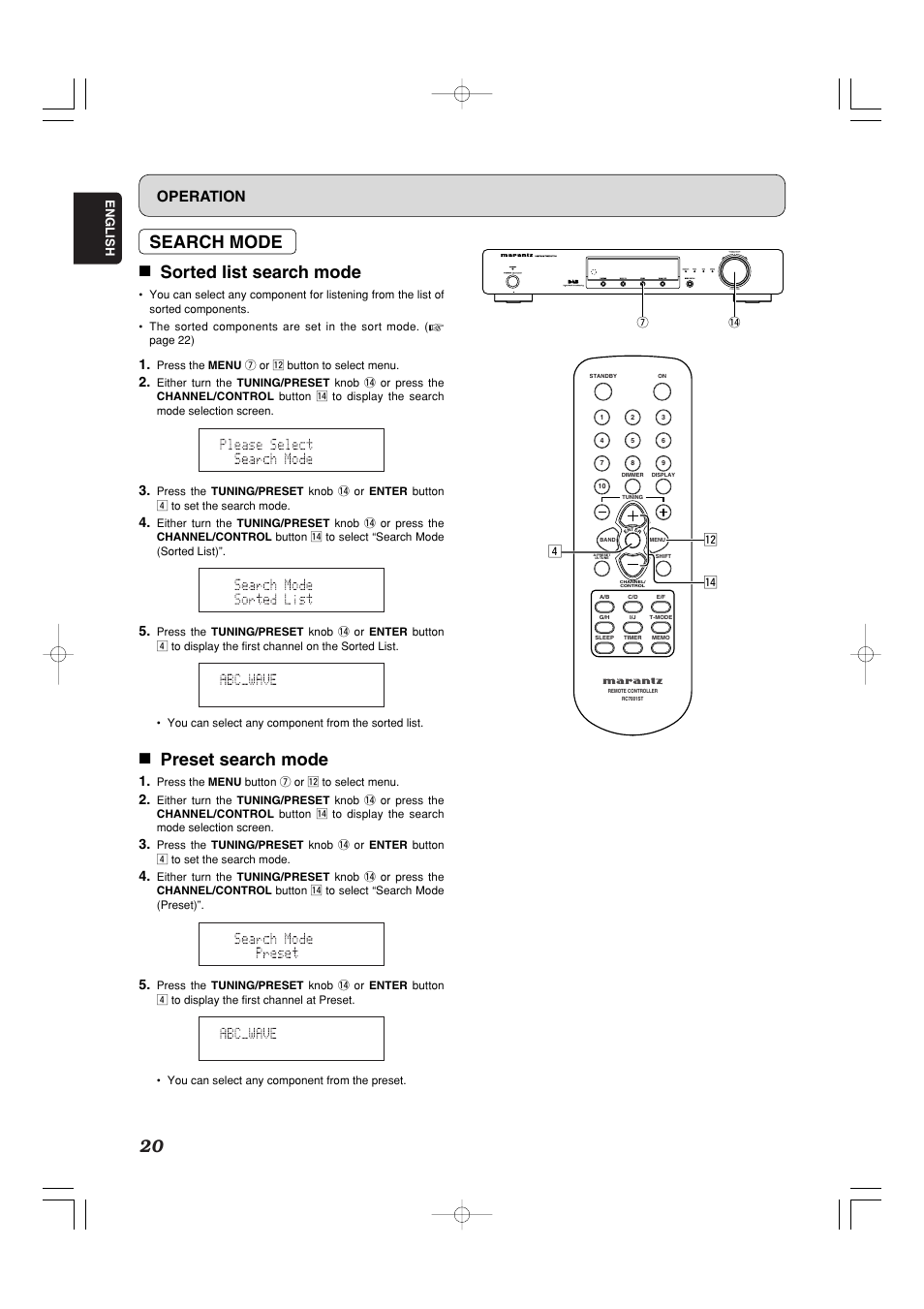 Search mode 7 sorted list search mode, 7 preset search mode, Operation | Marantz ST7001N User Manual | Page 24 / 35